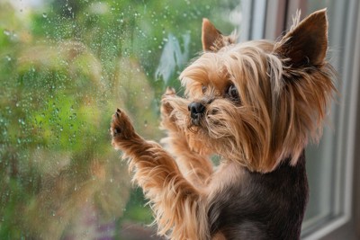 the-dog-looks-out-the-window-the-rain-outside-the-window-the-yorkshire-terrier