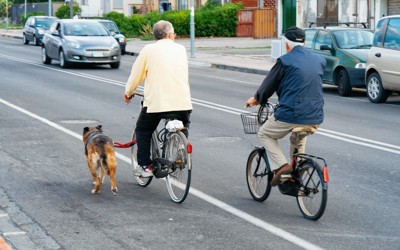 自転車で犬を散歩させる男性