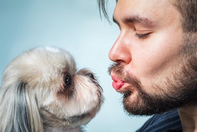 見つめあってキスをしようとする男性と犬