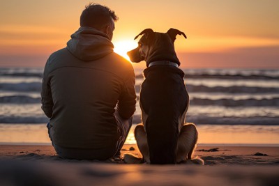 ビーチに座った犬と男性