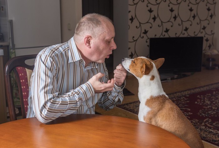 食卓に座って犬に話しかけている男性