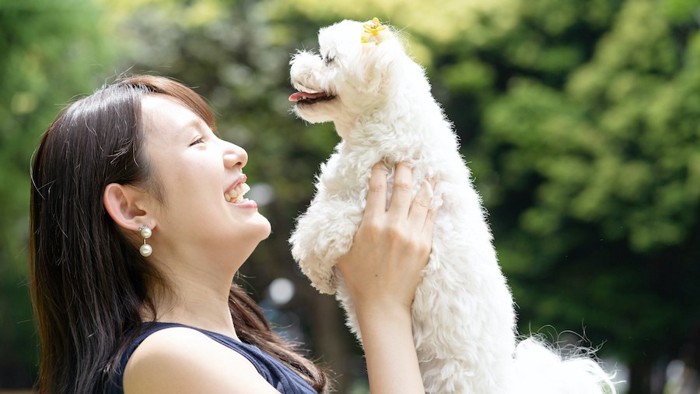 犬を抱き上げる笑顔の女性