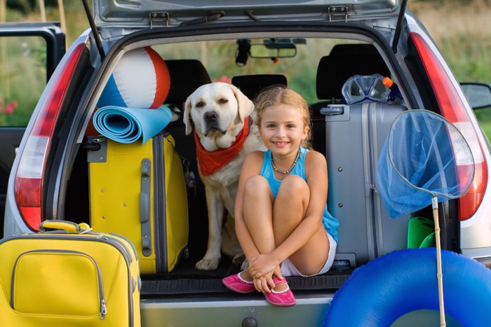 車に載る荷物と犬と女の子