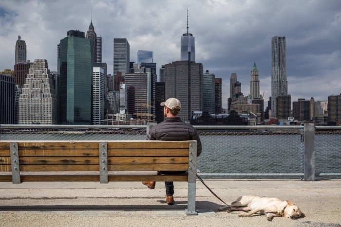 マンハッタンのビル群と犬連れの男性