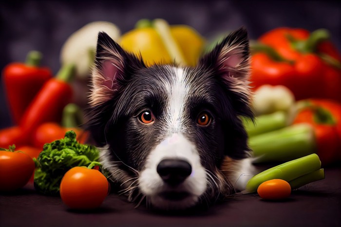 野菜に囲まれて座る犬