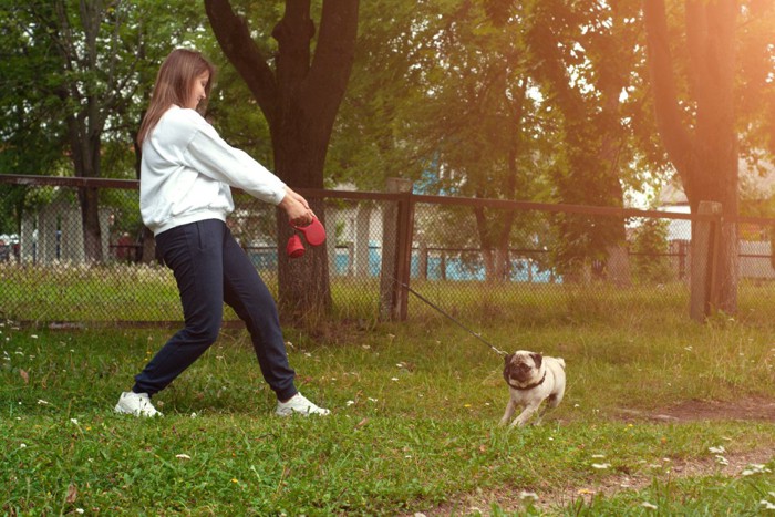 犬のリードを引っ張る女性