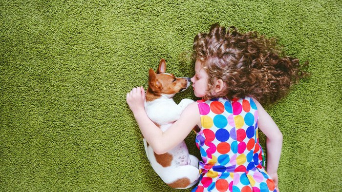 犬と一緒にカーペットの上で眠る女の子