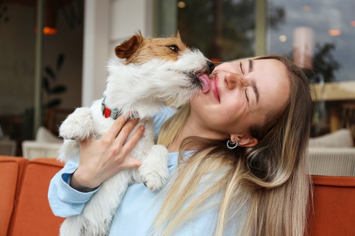 舌を出す犬と女性