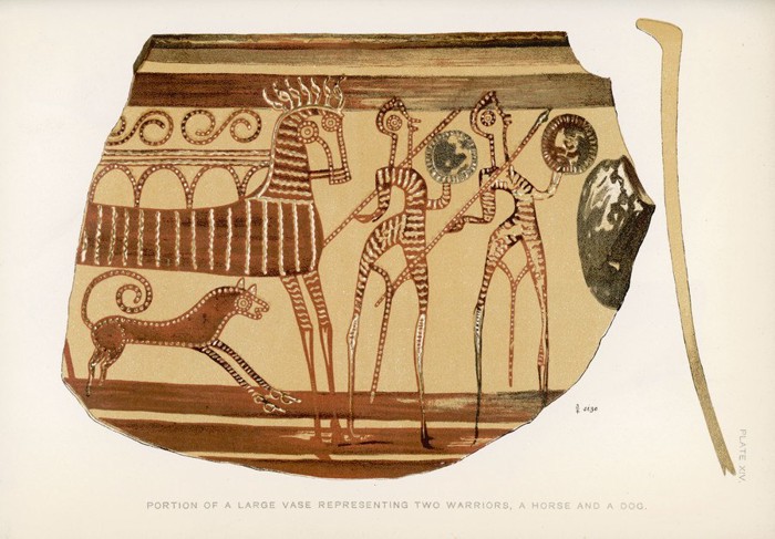 ギリシャの壺に描かれた犬と馬と人