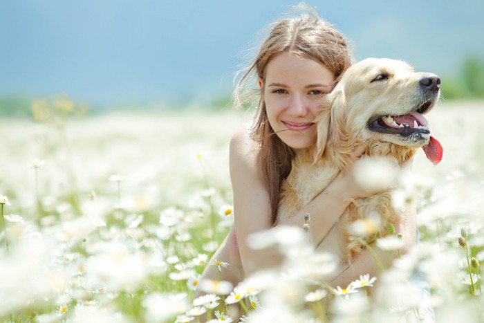 花畑で寄り添う犬と女性