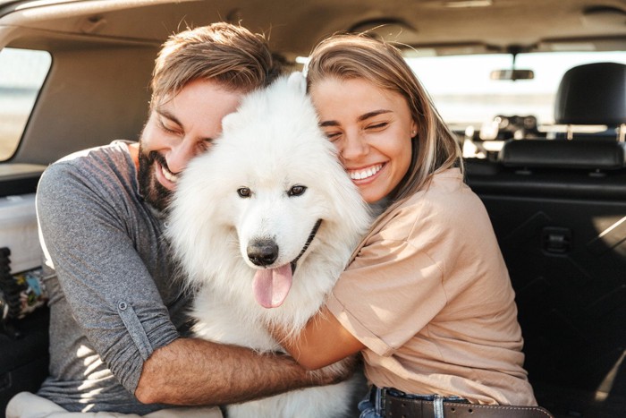車のトランクで白い大型犬を抱きしめる男女