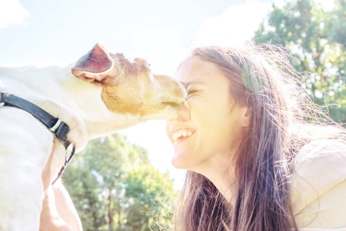女性の口の横を舐める犬
