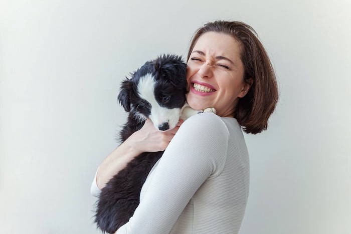 笑顔の女性に抱っこされるボーダーコリーの子犬