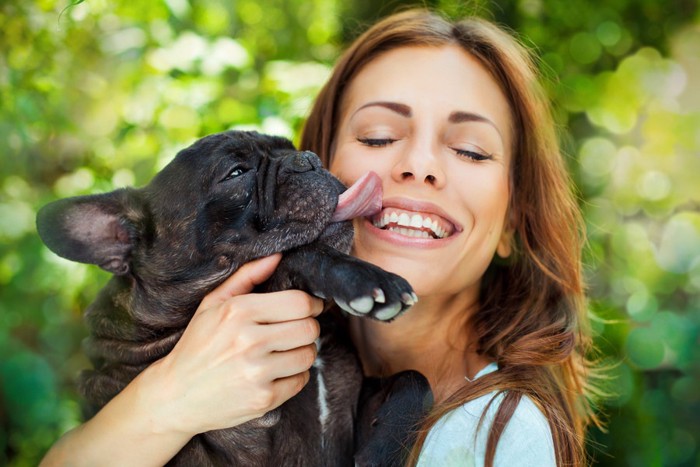 女性の口を舐める犬