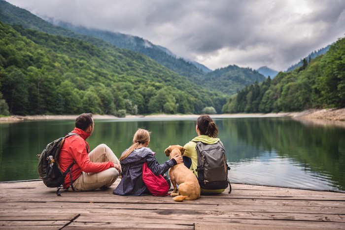 池のほとりで山を見つめる犬と家族