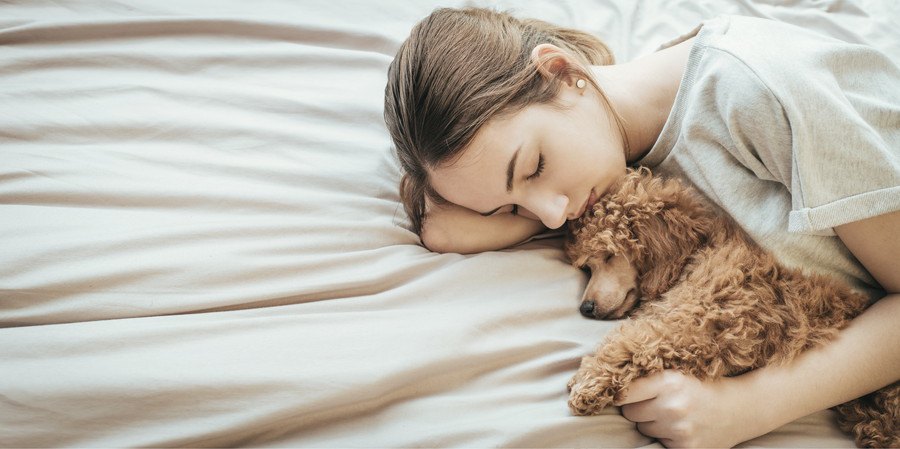 ベッドで一緒に眠る女性と犬