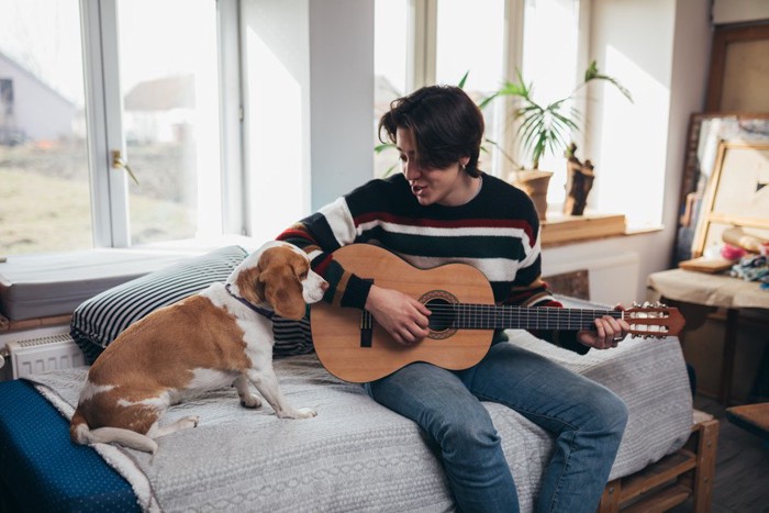音楽を楽しむ人と犬
