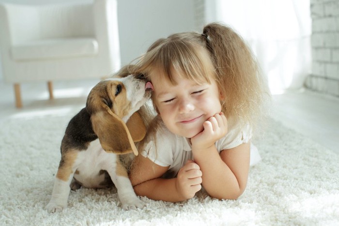 女の子の顔を舐める子犬