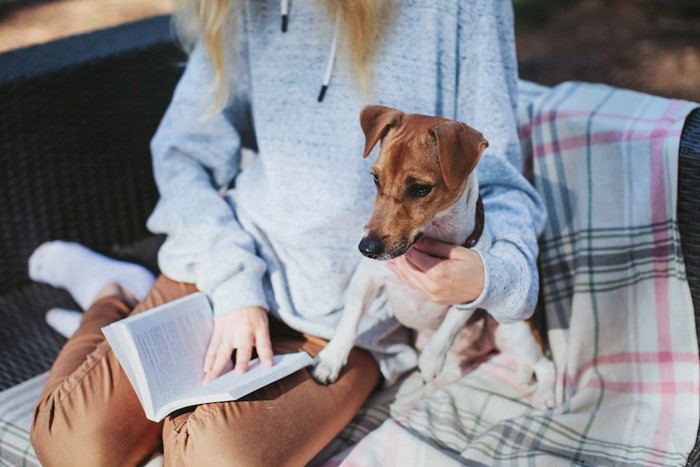 本を読む女性と犬