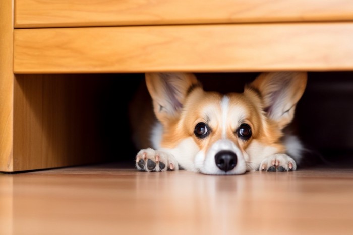 ベッドの下に隠れる犬