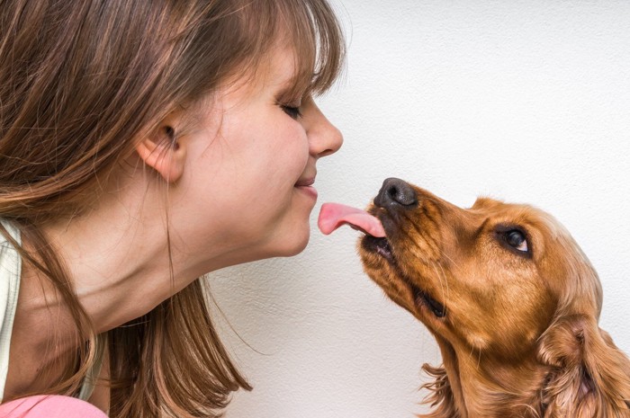 女性の顔を下から舐める犬