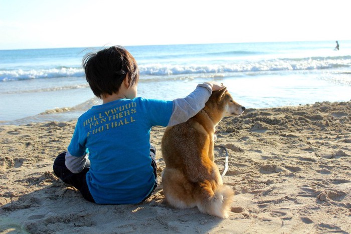海で座る犬と子ども