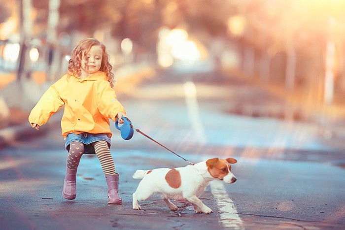 散歩する女の子と犬