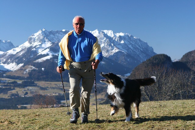 登山をする犬と老人