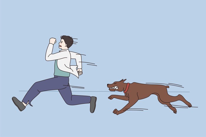 逃げる人と追う犬のイラスト、青い背景