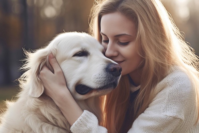 ひきつった笑顔の犬に顔を寄せる女性