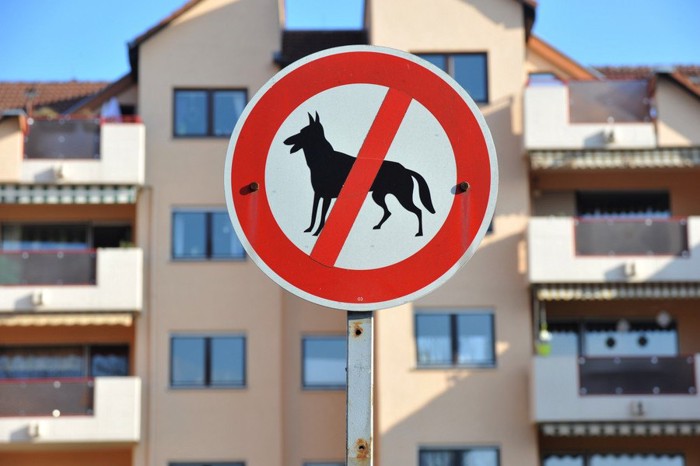 犬禁止の標識と集合住宅
