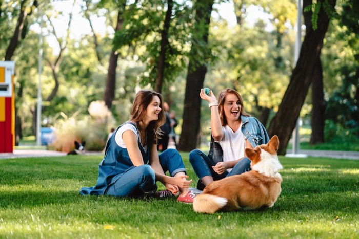 芝生に座る2名の女性と犬の後姿