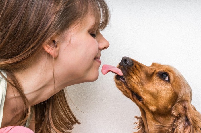 女性の口を舐めようとする犬