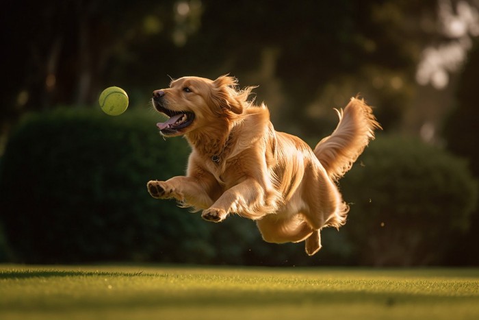 笑顔でボール遊びをする犬