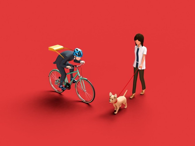 お散歩中の犬と自転車に乗る人のイラスト
