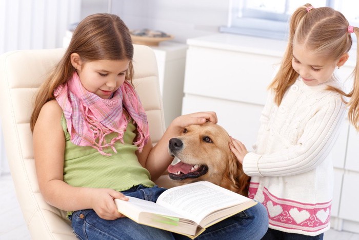 犬の頭を触って読書する女の子
