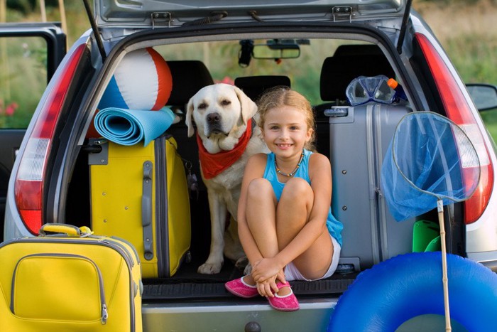 荷物を積んだ車と少女と犬