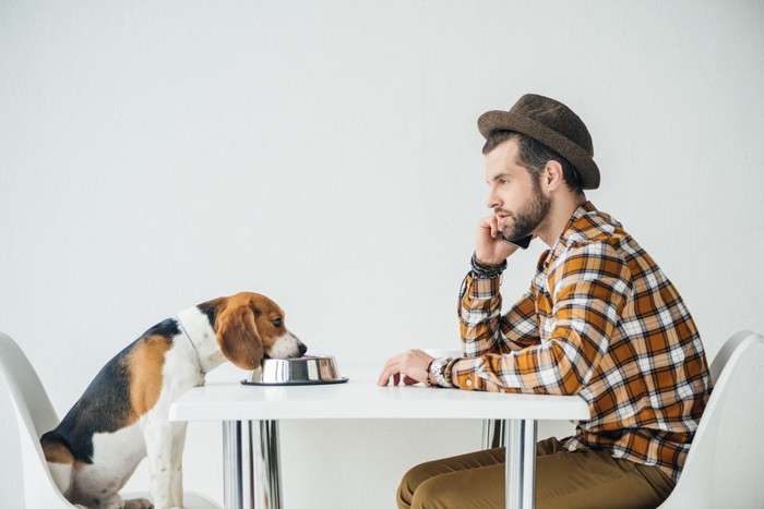 テーブルに座る犬と男性