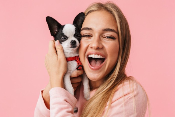 ピンクの背景と頬を寄せ合う犬と女性