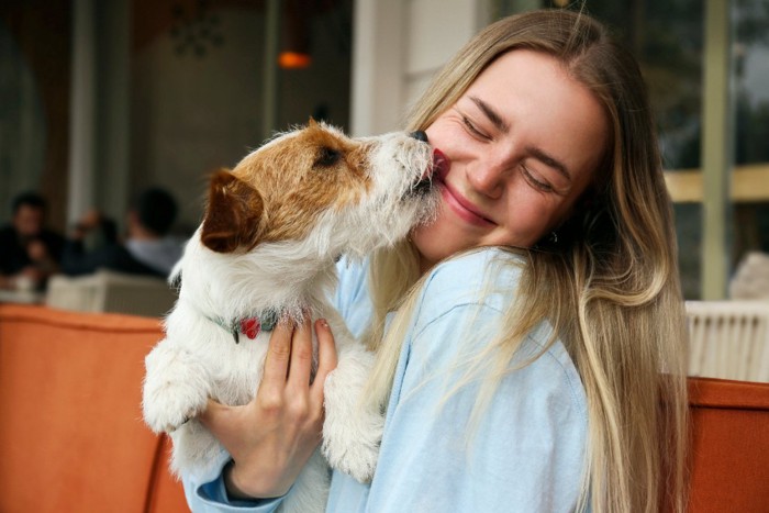 女性の頬を舐める犬