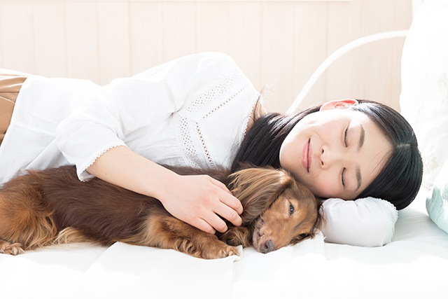 犬と一緒に寝ている女性