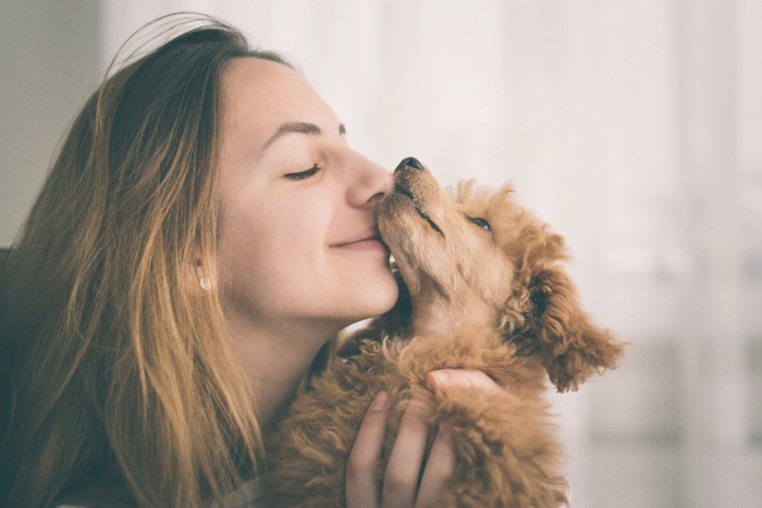 犬にキスされる女性