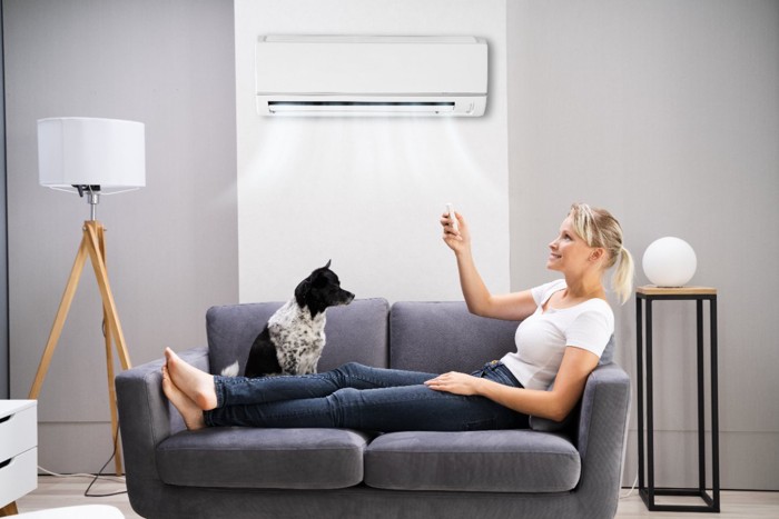 エアコンの温度を変える女性と犬
