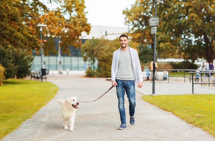 散歩する犬と男性