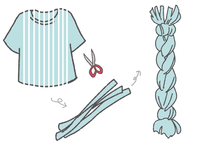 Tシャツを使用したロープを手作りする際の解説イラスト
