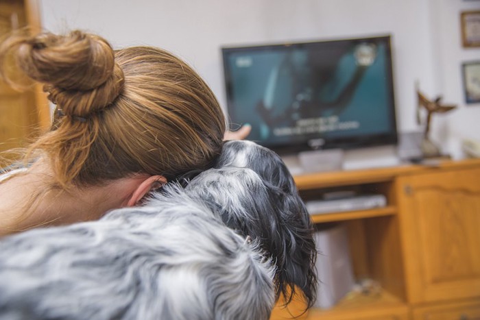 女性と一緒にテレビを見ている犬