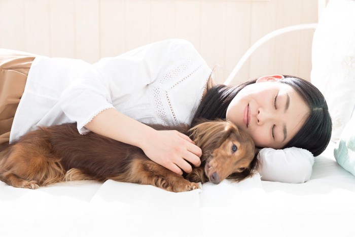 犬と眠る女性