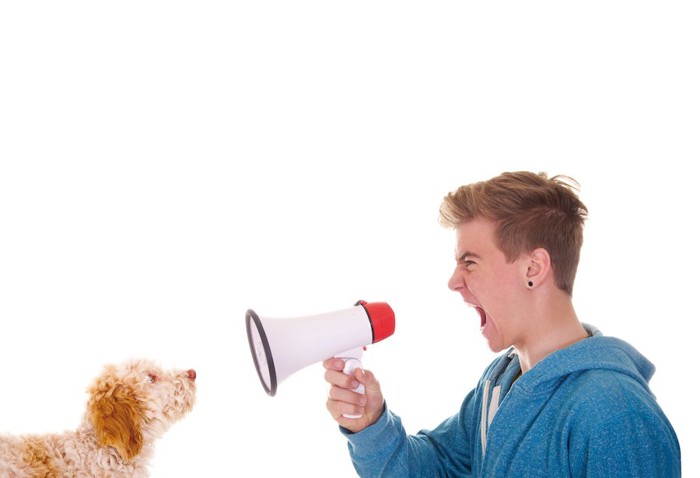 拡声器で犬に話しかける男性