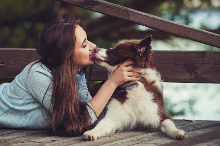 飼い主の女性の顔を舐める犬