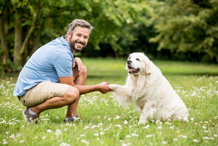 笑顔で握手する犬と男性